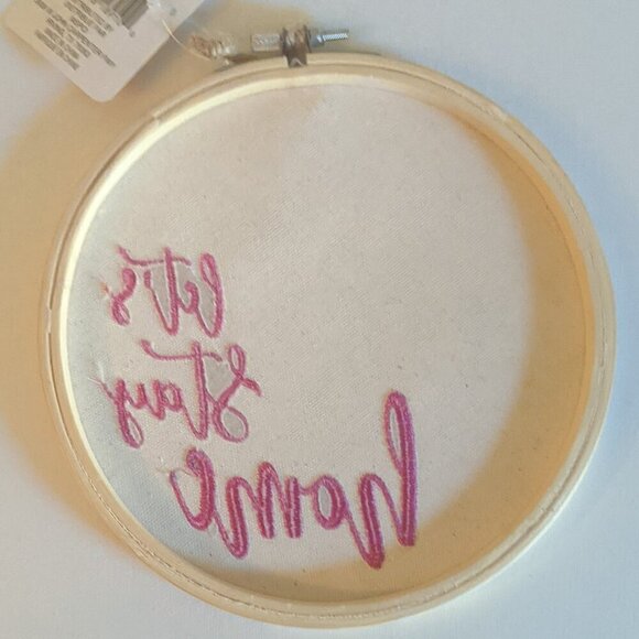 NWT Embroidery Hoop Let's Stay Home Sign Farmhouse Home Decor Pink Floral Gift - Picture 6 of 8